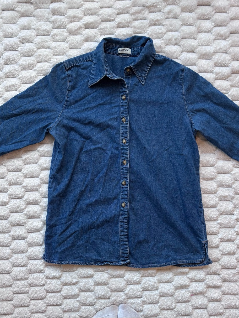 Cherokee Classic Dark Blue 3/4 Quarter Length Sleeve Denim Button-Up Shirt sz S